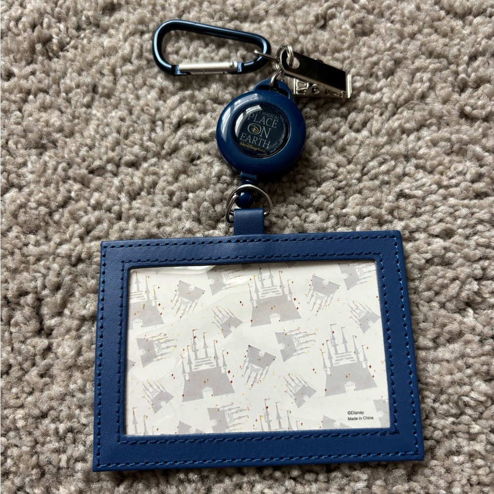 Disney Parks Cinderella Castle Blue ID Retractable Reel Badge Holder